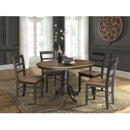 International Concepts 36 in. Round Extension Dining Table with Leaf and 4 Madrid LadderBack Chairs - 5 Piece Dining Set K45-36RXT-C2-4